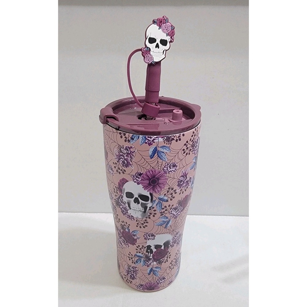 Skulls Spiderwebs Purple Florals Halloween Stainless Steel Tumbler 20 Oz‎